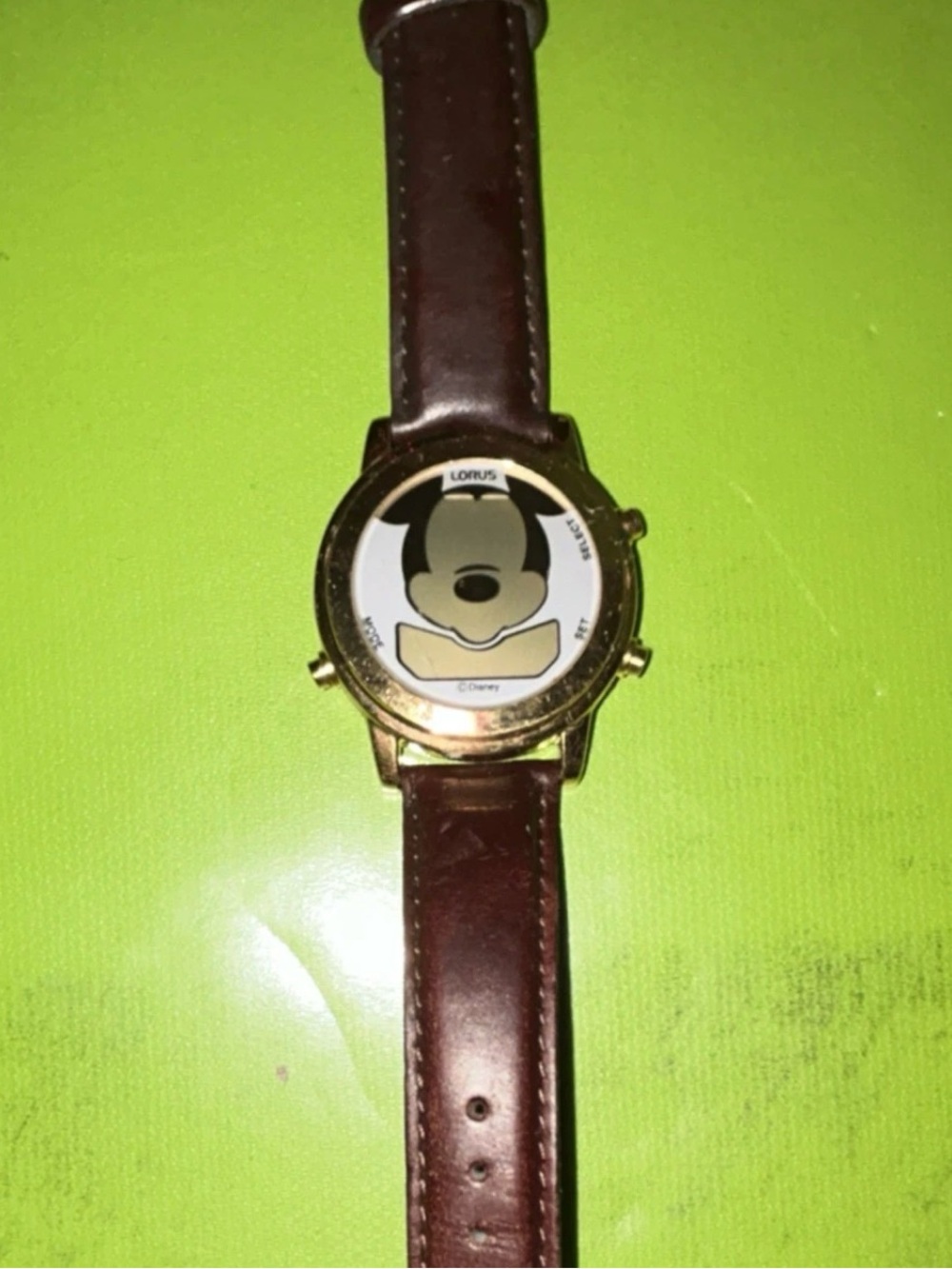 Lorus Disney Mickey Mouse Gold Tone Watch with Brown Leather Strap